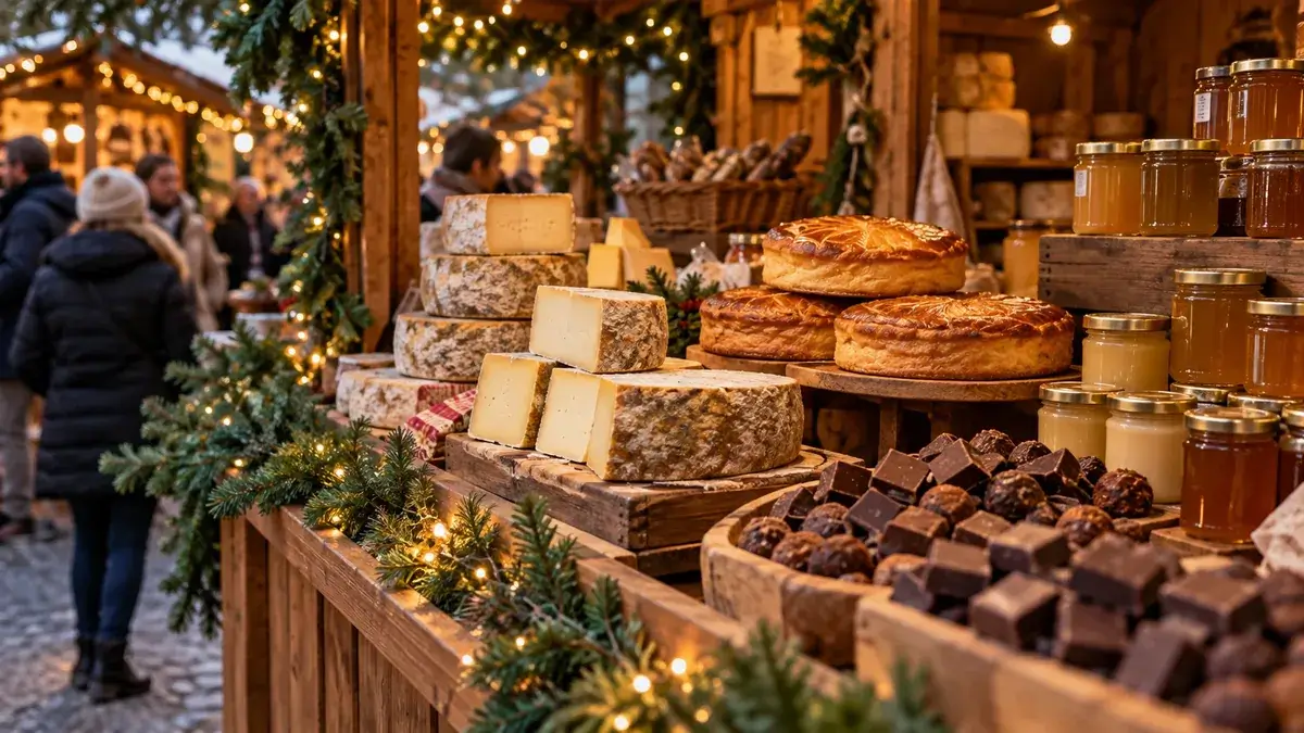 Étal de marché de Noël au Pays Basque avec fromages de brebis, gâteaux basques, miels et chocolats