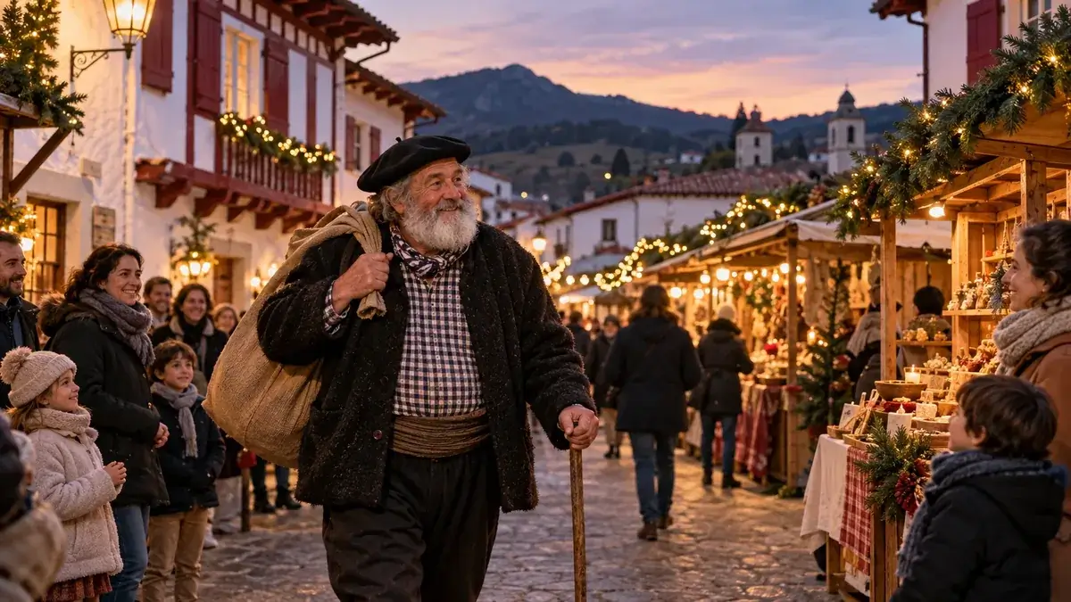 Olentzero, le charbonnier basque, traverse un marché de Noël de village sous les guirlandes lumineuses