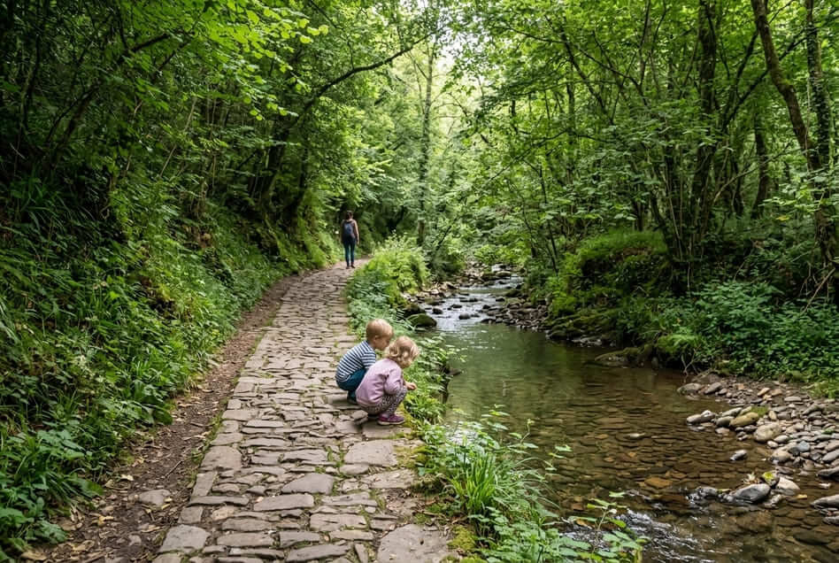 Deux enfants accroupis au bord d’un ruisseau, sur un chemin pavé ombragé, pendant une randonnée en famille au Pays basque