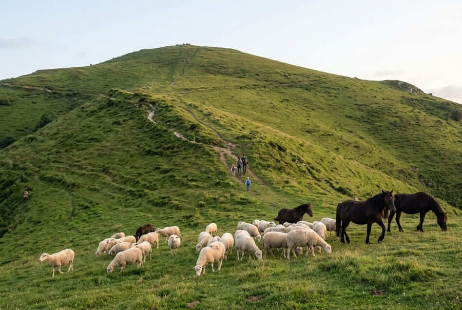 Randonneurs avec des enfants sur un sentier de montagne, au milieu de brebis et de pottoks, au Pays basque